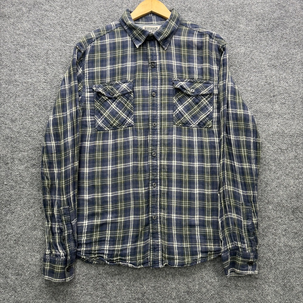 Converse One Star Button Shirt Mens Large Blue Green Plaid Flannel Casual